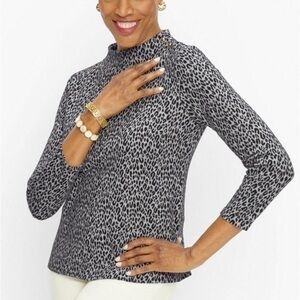 Talbots Leopard Animal Print Jacquard 3/4 Sleeve Funnel Neck Pullover